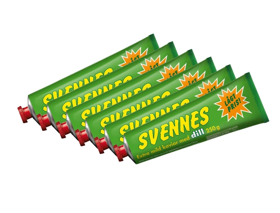 6 x Svennes Kaviar Dill 250g tubes – extra mild Swedish smoked fish roe spread with dill from Kungshamn
