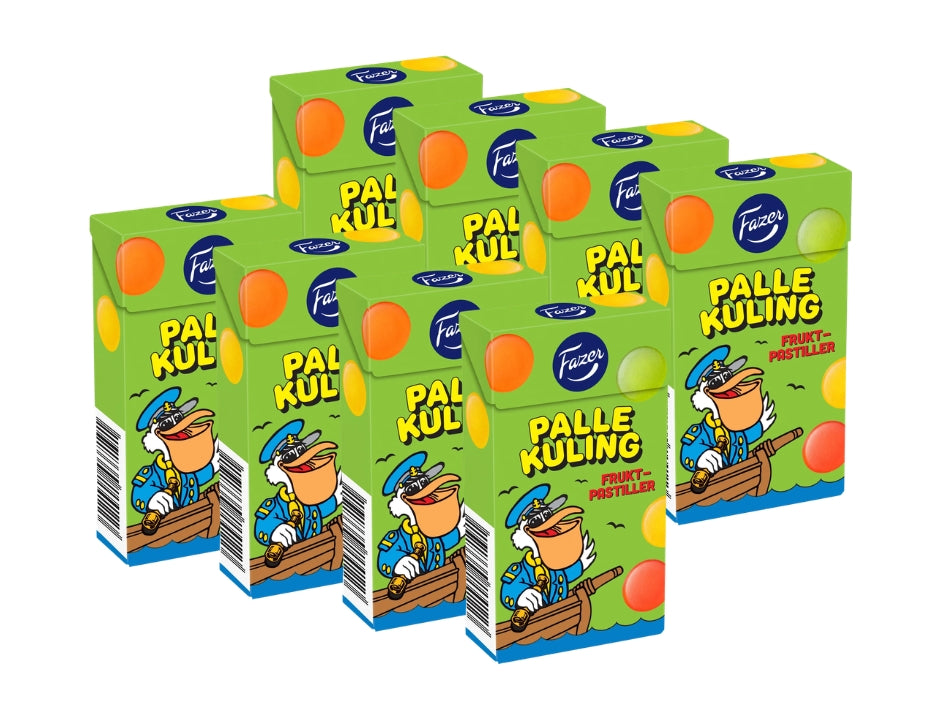 8 x Fazer Palle Kuling Fruktpastiller Tablettask 38g – eight green candy boxes arranged in two rows showing the Palle Kuling captain character and colorful fruit dot illustrations, Fazer logo, soft fruit pastilles in pear, orange, raspberry & pineapple, 304g total

