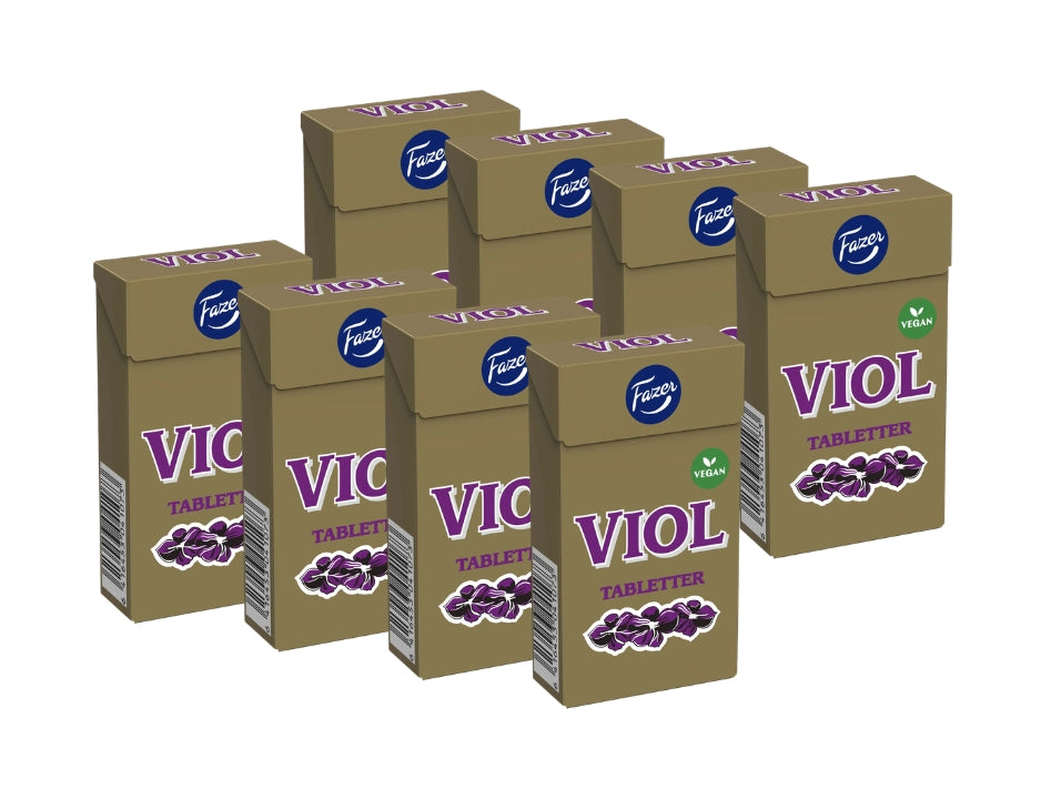 8 x Fazer Viol Tablettask 38g – eight gold-brown candy boxes arranged in two rows showing VIOL lettering in purple, violet flower illustration and Fazer logo, vegan badge, Scandinavian violet-flavored pastilles with licorice, 304g total
