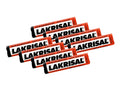 8 x Lakrisal 25g – eight red and black Lakrisal rolls fanned out in two rows on a white background, LAKRISAL lettering in bold black, Salmiaksnoepjes RBV Leaf branding, strong Scandinavian salmiak licorice pastilles, 200g total
