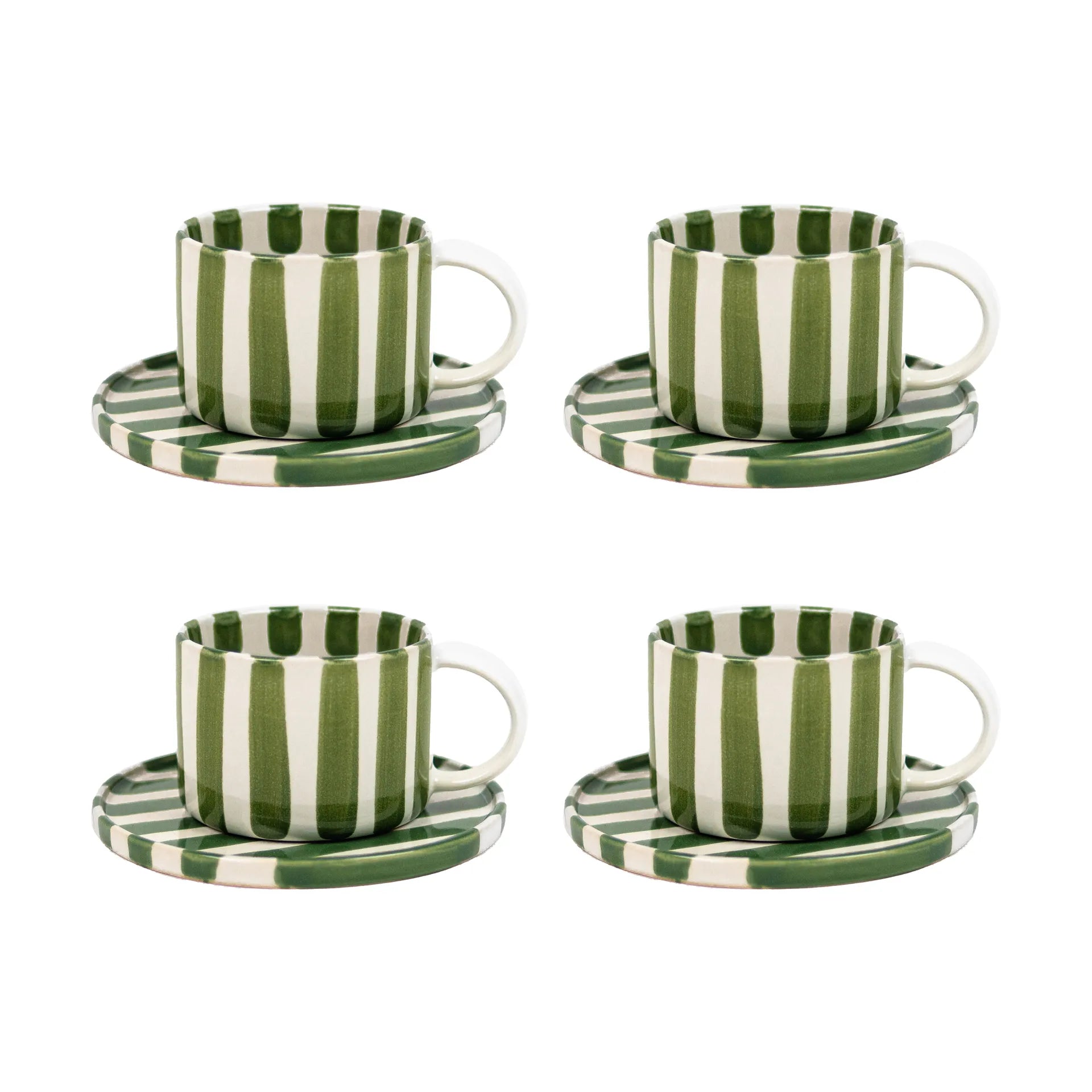 Olsson & Jensen Monica Cup & Saucer Set – Green – 4 Cups & 4 Saucers – Hand-Painted Stoneware