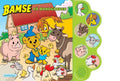 Bamse på bondgården – Swedish interactive sound board book cover published by Kärnan, showing Bamse and Brumma with farm animals including a pig, cow, horse, sheep, hens and chicks, with 6 green animal sound buttons on the right side, ages 0–3, ISBN 9789157035172
