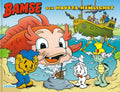 Bamse och havets hemlighet – Swedish children's hardcover book cover published by Kärnan, showing Bamse, Lille Skutt, Mini-Hopp and Skalman on a shore facing a large friendly sea creature rising from the water, with Krösus Sork's ship in the background, 45 pages, ages 3–6, ISBN 9789157035394
