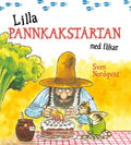 Lilla Pannkakstårtan med flikar – Swedish Pettson & Findus interactive board book cover by Sven Nordqvist, showing Pettson lighting candles on a pancake cake with Findus the cat watching, published by Opal 2024, ISBN 9789172268050
