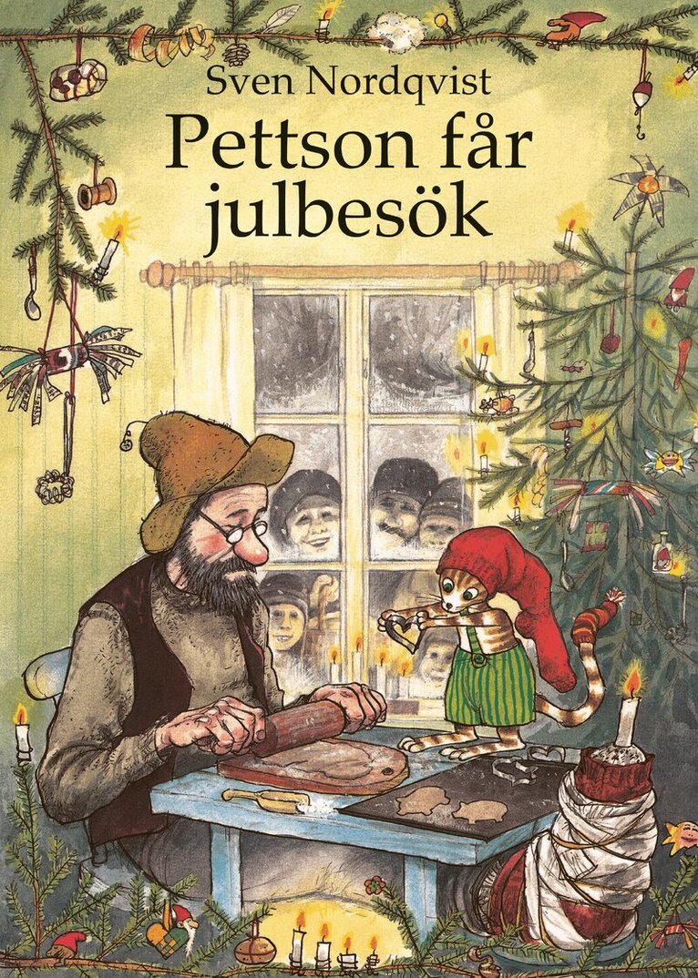 Pettson får julbesök – Swedish Pettson & Findus Christmas hardcover picture book cover by Sven Nordqvist, showing Pettson rolling dough by candlelight with Findus in a red tomte hat playing violin beside a decorated Christmas tree, neighbors peering through the snowy window, published by Opal, 32 pages, ages 3–6, ISBN 9789172705258
