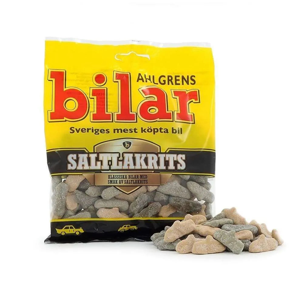 Ahlgrens Bilar Saltlakrits 130g – Swedish salty licorice foam car candy in yellow bag, Sveriges mest köpta bil, klassiska bilar med smak av saltlakrits, included in the Swedish Licorice Taste Box Small

