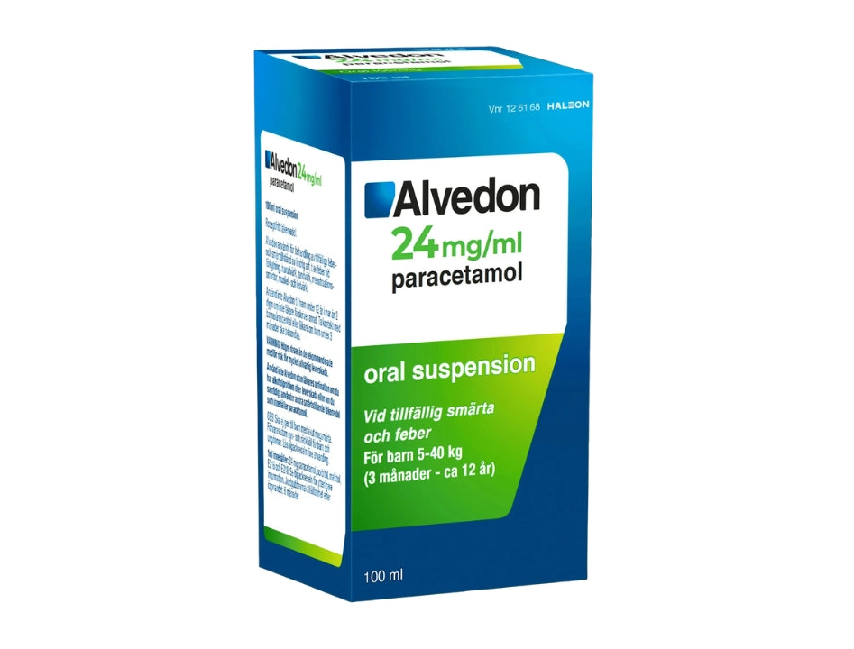 Alvedon Smärtstillande Flytande Barn 100ml – Children's Liquid Paracetamol 24mg/ml with dosing syringe