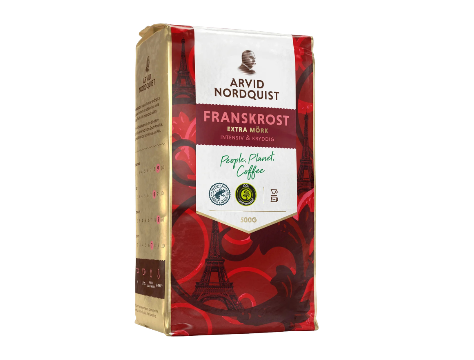Arvid Nordquist Franskrost Extra Mörk ground coffee 500g in red and gold packaging – intensiv & kryddig Swedish extra dark roast, Rainforest Alliance and CO2 compensated certified, included in the Swedish Coffee Taste Box Medium from Swedish Cravings
