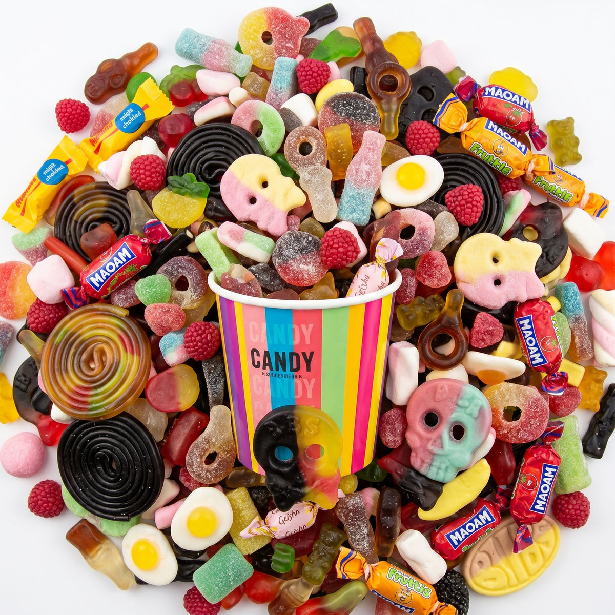 Authentic Swedish pick and mix candy with gummies, licorice, chocolate and foam sweets