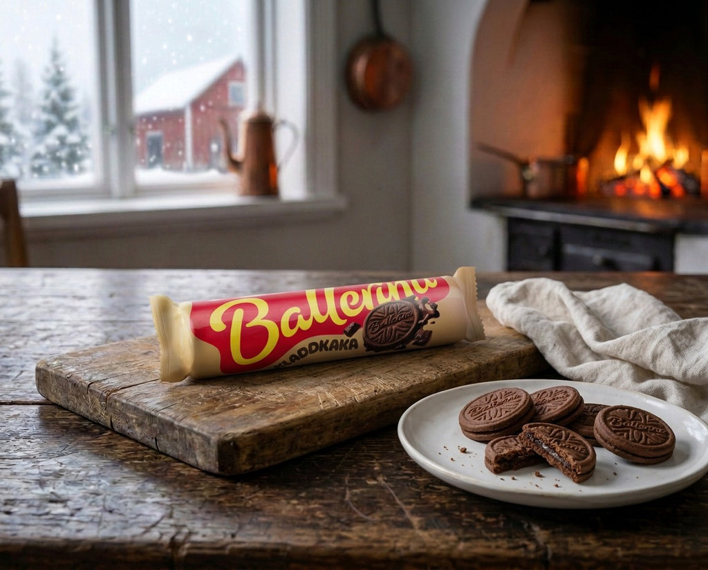 Ballerina Kladdkaka 210g Swedish chocolate sandwich cookies with crisp cocoa biscuits and creamy kladdkaka filling