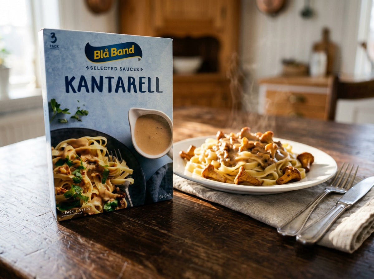 Blå Band Kantarellsås 3-Pack 54g box standing upright on a rustic wooden dining table beside a steaming plate of tagliatelle with golden chanterelle mushrooms and creamy sauce, Swedish kitchen interior in background
