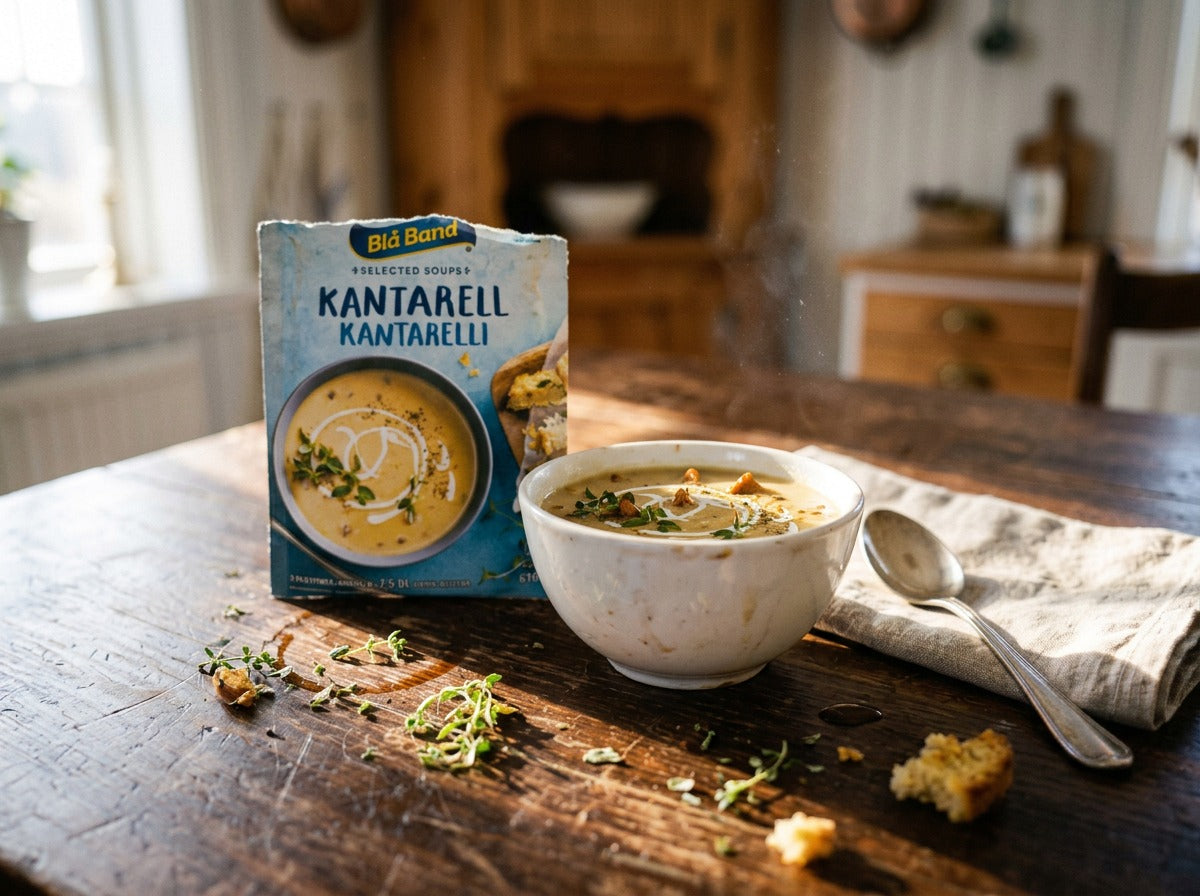 Blå Band Kantarellsoppa 69g pouch standing upright on a rustic wooden table beside a white bowl of creamy chanterelle soup garnished with thyme and croutons, spoon and linen napkin beside the bowl, Swedish farmhouse interior in background
