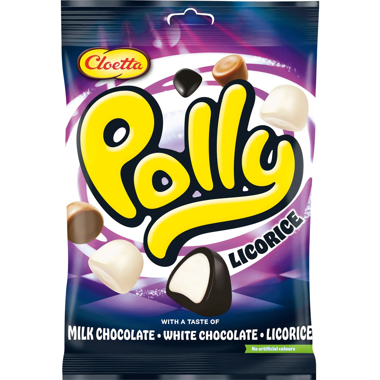 Cloetta Polly Licorice 150g – Swedish chocolate-coated licorice candy with milk chocolate, white chocolate and licorice flavor in purple bag, no artificial colours, included in the Swedish Licorice Taste Box Medium
