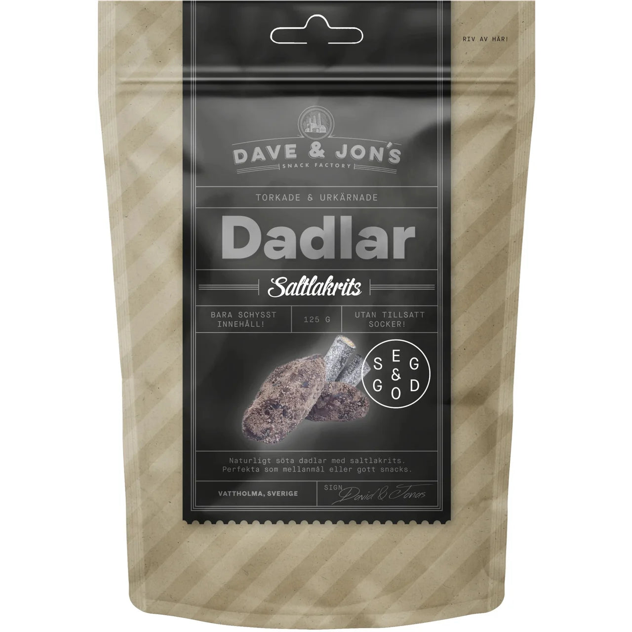 Dave & Jon's Dadlar Saltlakrits 125g – Swedish dried pitted dates with salty licorice coating in kraft pouch, no added sugar, made in Vattholma Sverige, included in the Swedish Licorice Taste Box Medium
