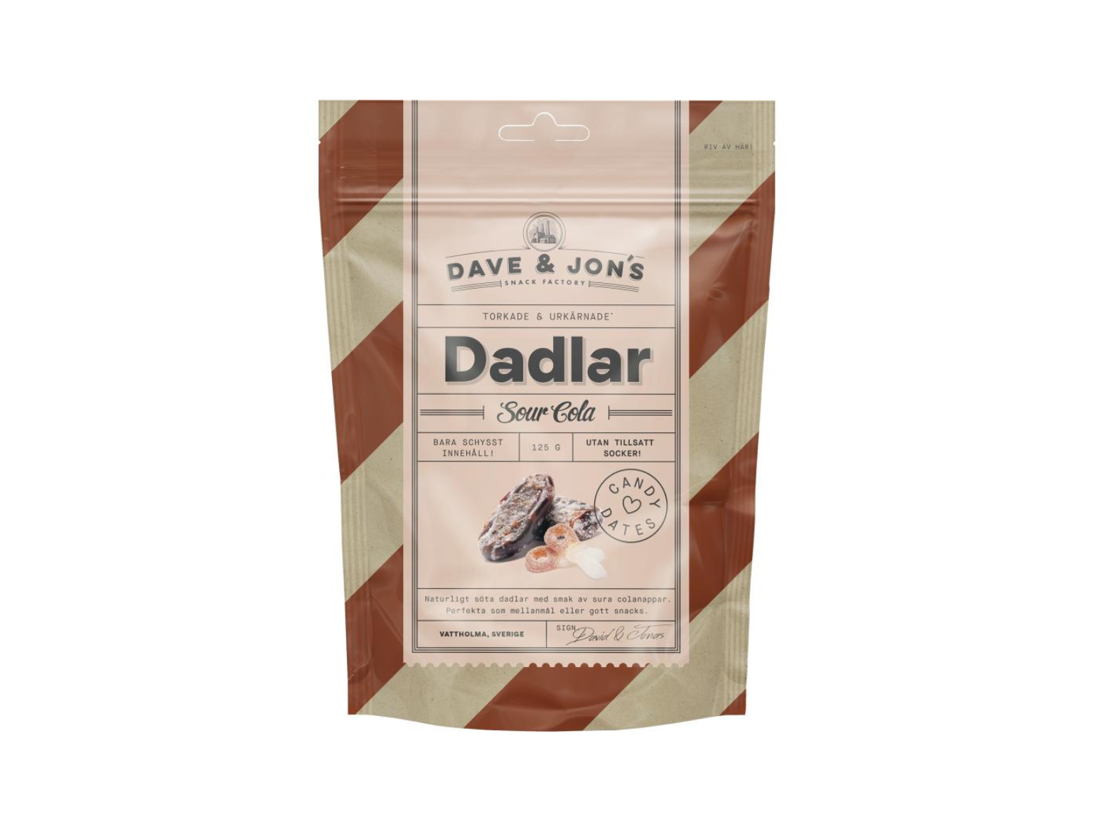 Dave & Jon's Dadlar Sour Cola 125g – Swedish sour cola flavored dates in a striped pouch, no added sugar, vegan
