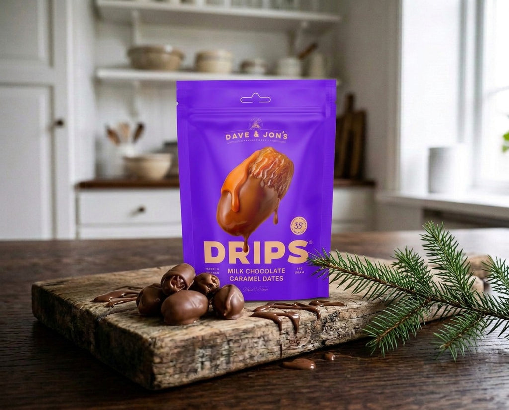 Dave & Jon's Drips Koladadlar i Mjölkchoklad 100g Swedish pitted caramel dates covered in creamy milk chocolate
