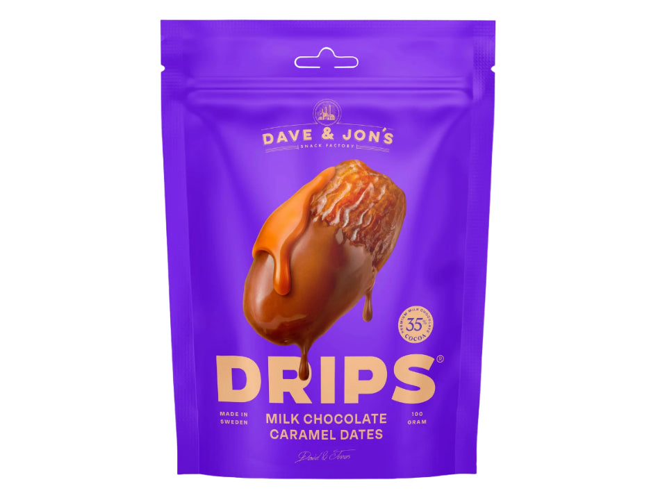 Dave & Jon's Drips Koladadlar i Mjölkchoklad 100g Swedish pitted caramel dates covered in creamy milk chocolate