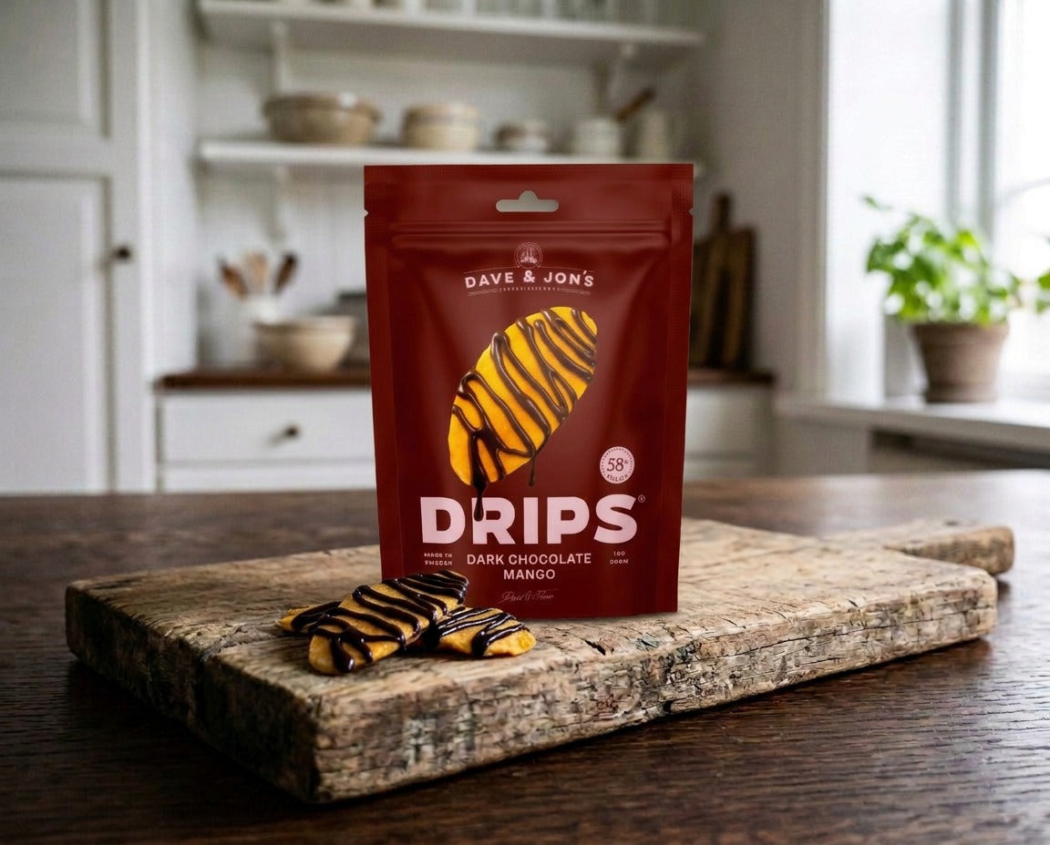 Dave & Jon's Drips Torkad Mango med Mörk Choklad 100g Swedish dried mango snack with rich dark chocolate
