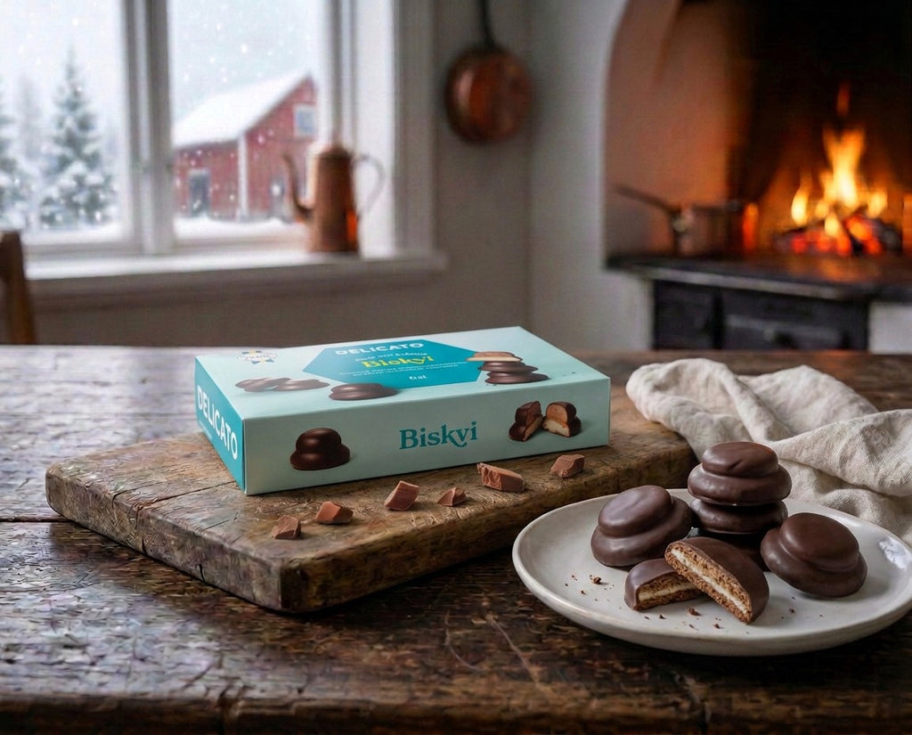 Delicato Biskvi 6-Pack 150g Swedish gluten-free almond cakes with smooth cocoa cream and dark chocolate-style coating