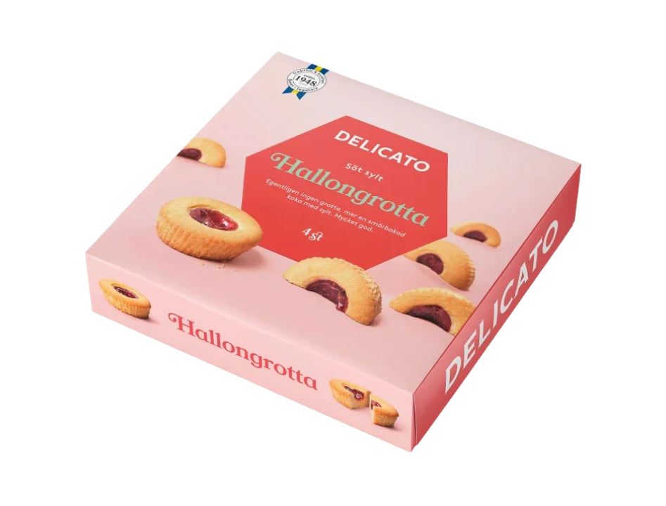 Delicato Hallongrotta 4-pack 168g Swedish buttery shortcrust cookies filled with sweet raspberry jam