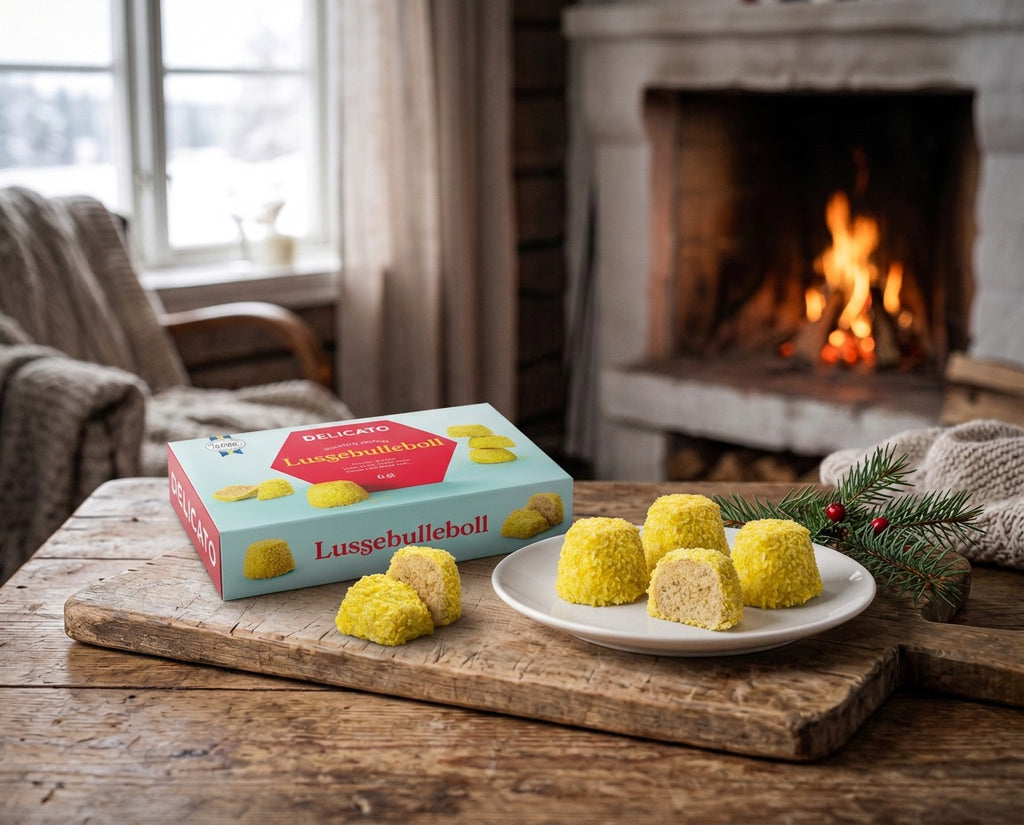 Delicato Lussebulleboll 6-Pack 240g Swedish vegan saffron oat balls with white glaze and yellow coconut