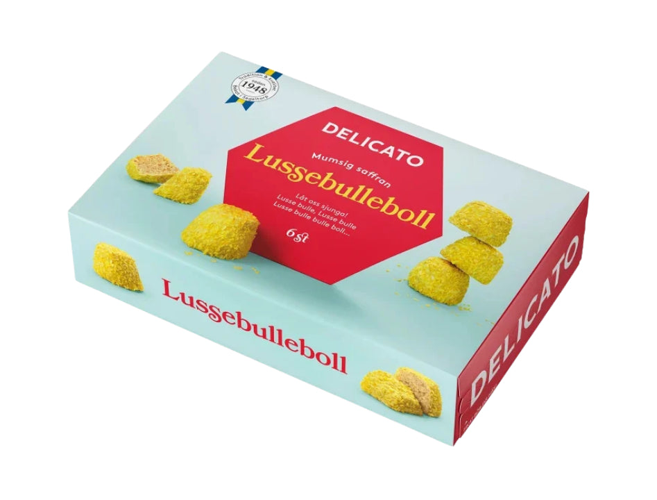 Delicato Lussebulleboll 6-Pack 240g Swedish vegan saffron oat balls with white glaze and yellow coconut