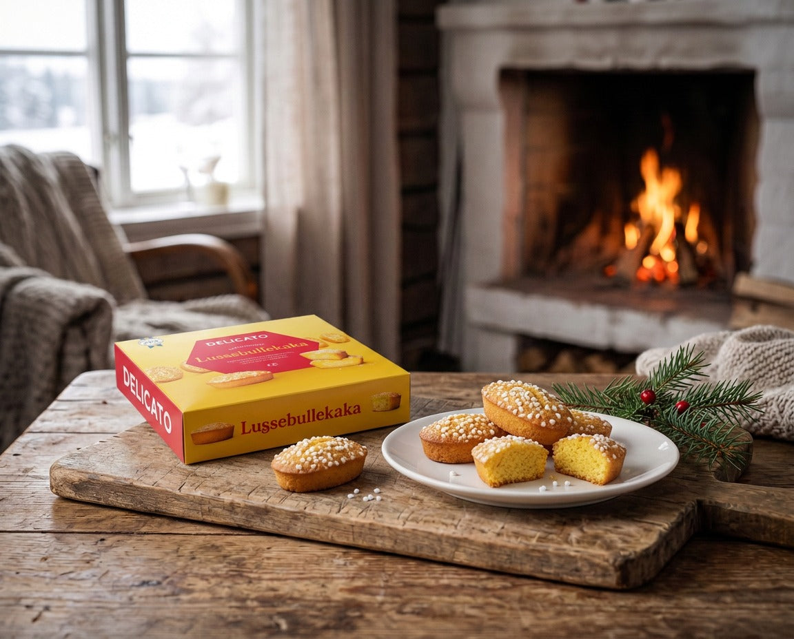Delicato Lussebullekaka 4-Pack 180g Swedish soft saffron cakes with vanilla filling and pearl sugar topping