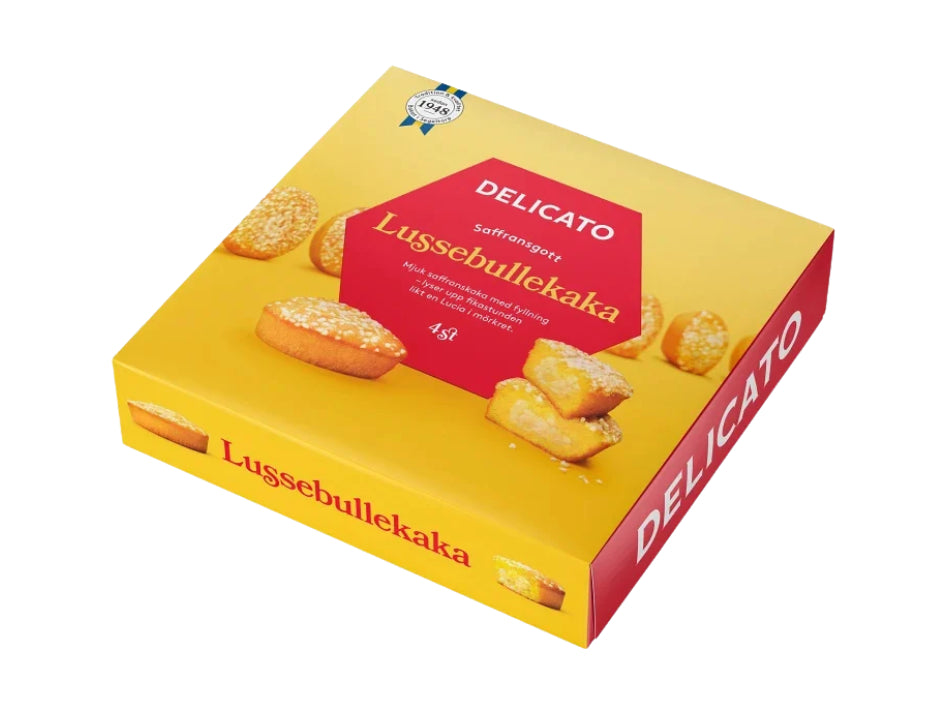 Delicato Lussebullekaka 4-Pack 180g Swedish soft saffron cakes with vanilla filling and pearl sugar topping