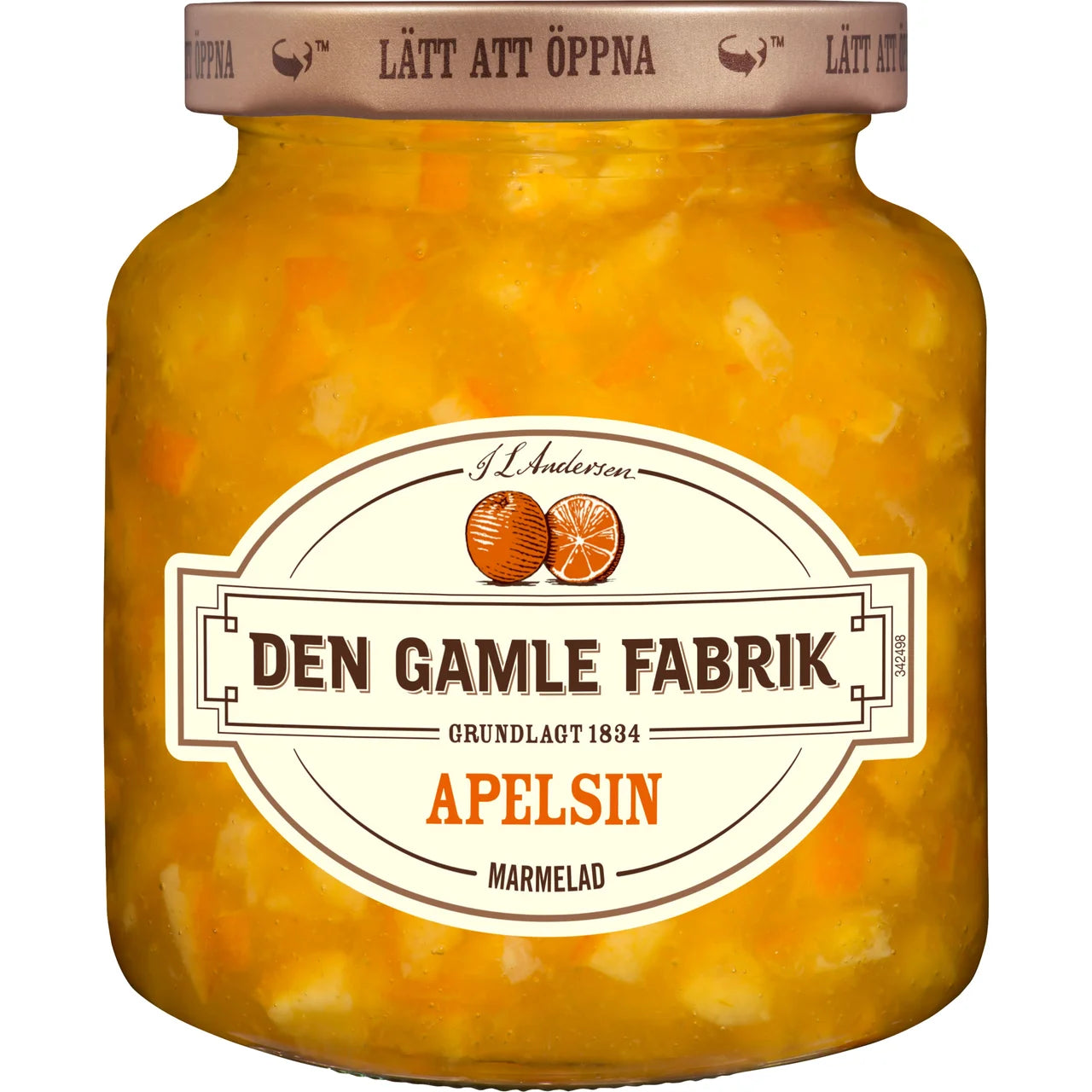 Den Gamle Fabrik Apelsinmarmelad 380g – classic Scandinavian orange marmalade in glass jar, established 1834, sweet and fruity with citrus peel, included in the Swedish Breakfast Box Medium
