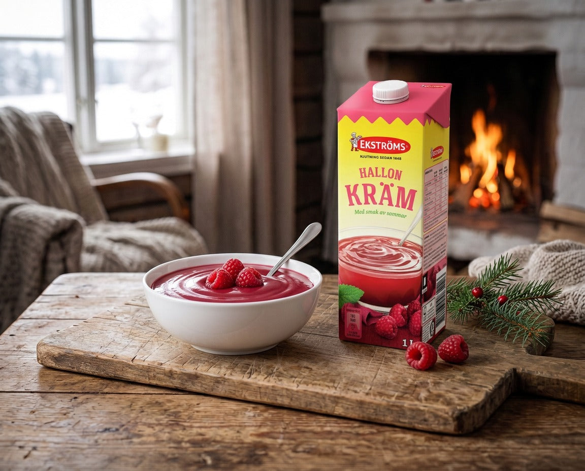 Ekströms Hallonkräm 1L Swedish smooth raspberry fruit cream ready to serve with cold milk or cream
