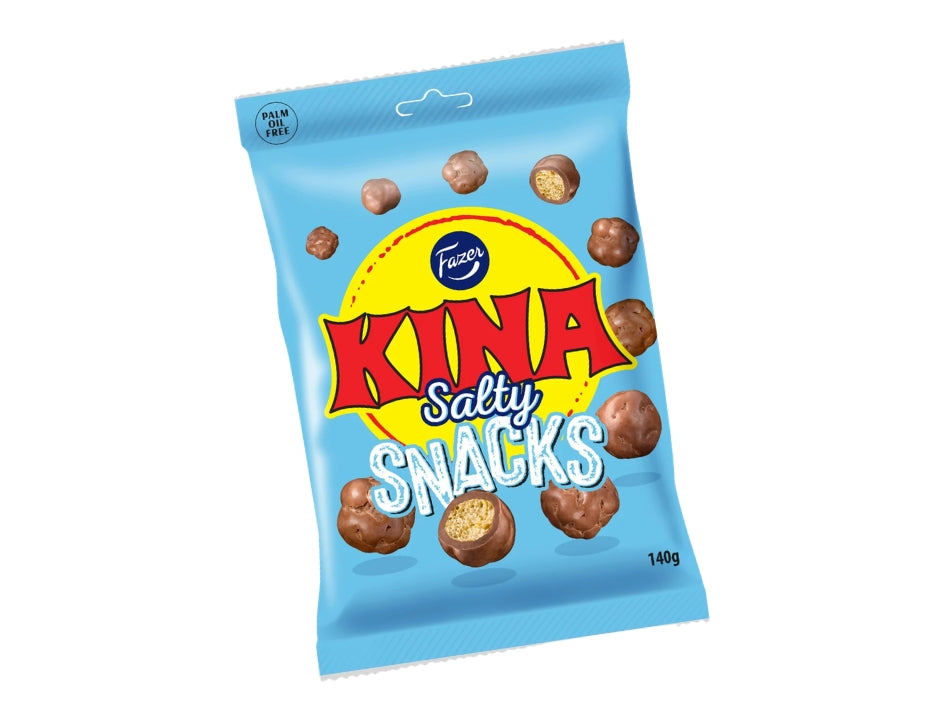 Fazer Kina Blå Salty Snacks (Puffar) 140g – Swedish chocolate-coated salty puffed corn candy bag

