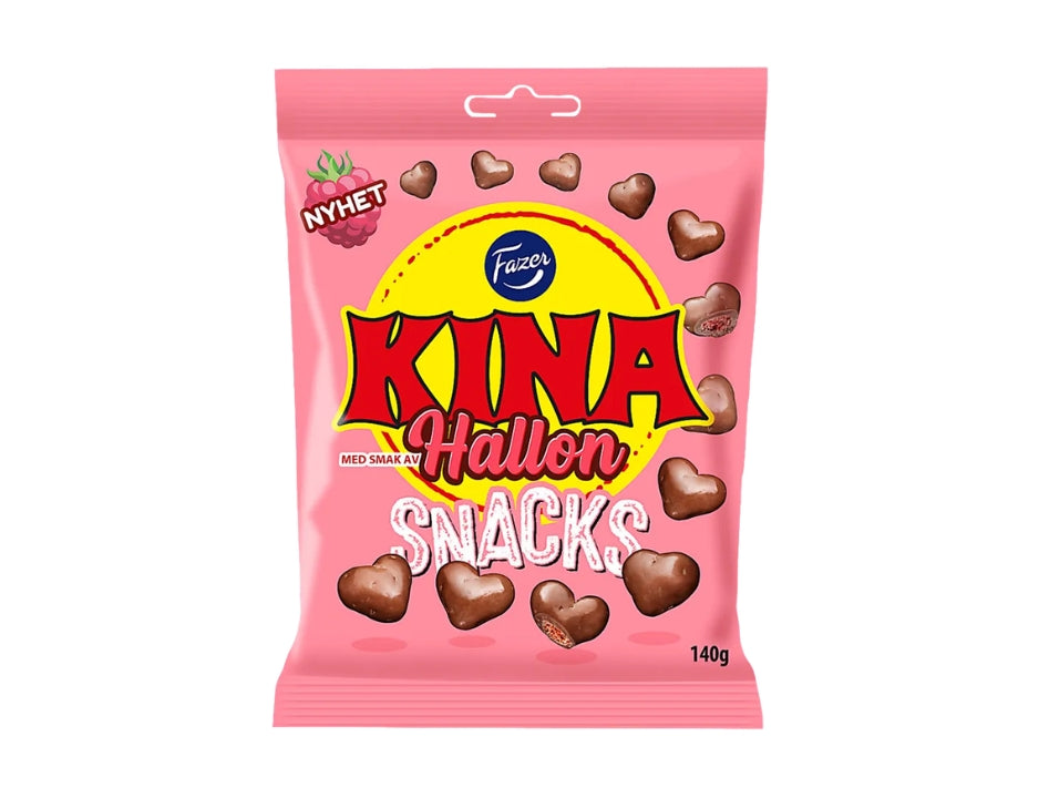 Fazer Kina Snacks Hallon 140g bag – crispy raspberry chocolate-coated wheat puffs from Fazer
