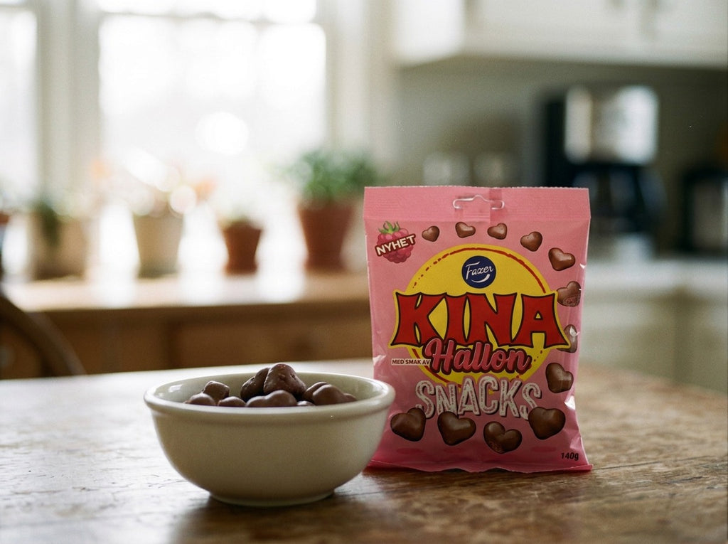 Fazer Kina Snacks Hallon close-up showing pink raspberry-flavored chocolate-coated crispy wheat hearts
