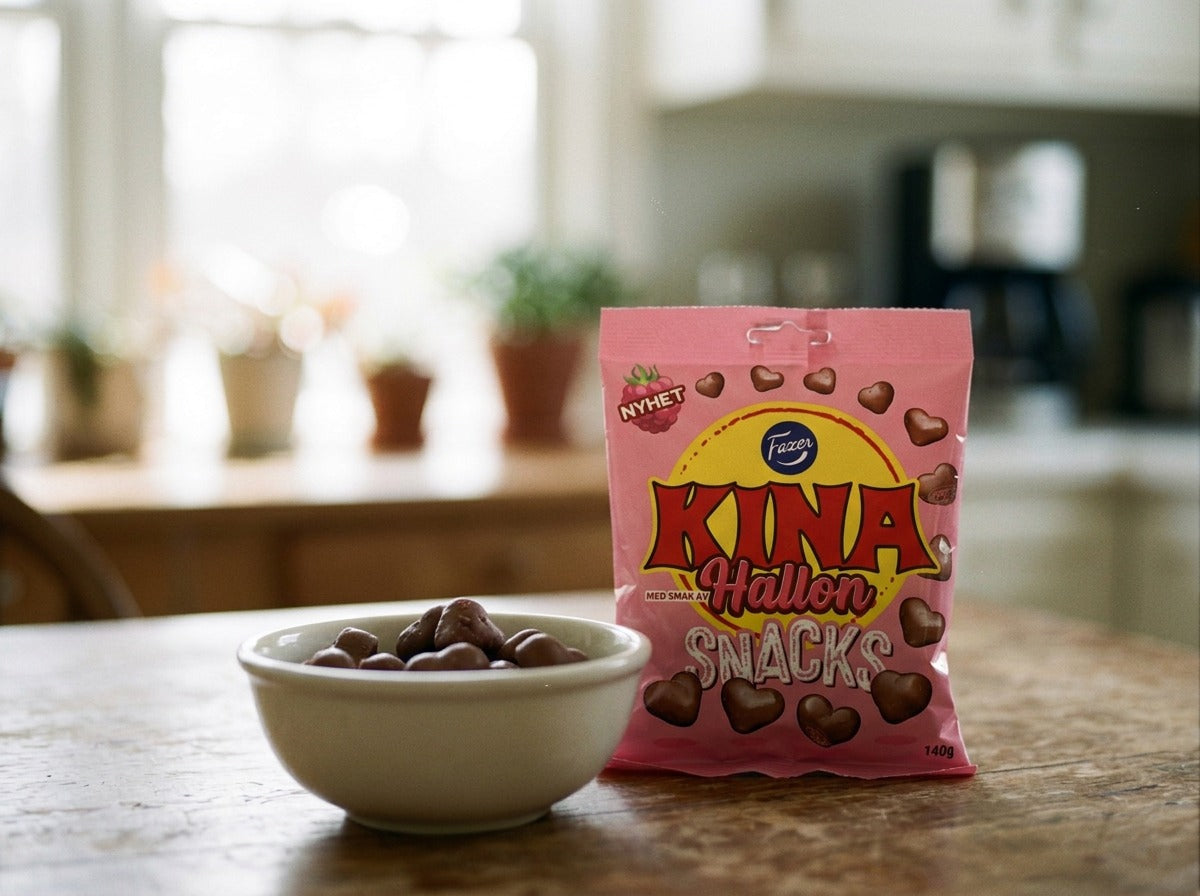 Fazer Kina Snacks Hallon close-up showing pink raspberry-flavored chocolate-coated crispy wheat hearts
