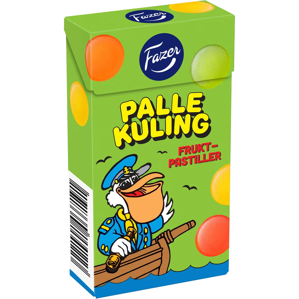 Fazer Palle Kuling Fruktpastiller Tablettask 38g – green candy box with Palle Kuling captain duck character in blue uniform, colorful fruit dot illustrations in orange, yellow, green and red, Fazer logo, soft fruit pastilles
