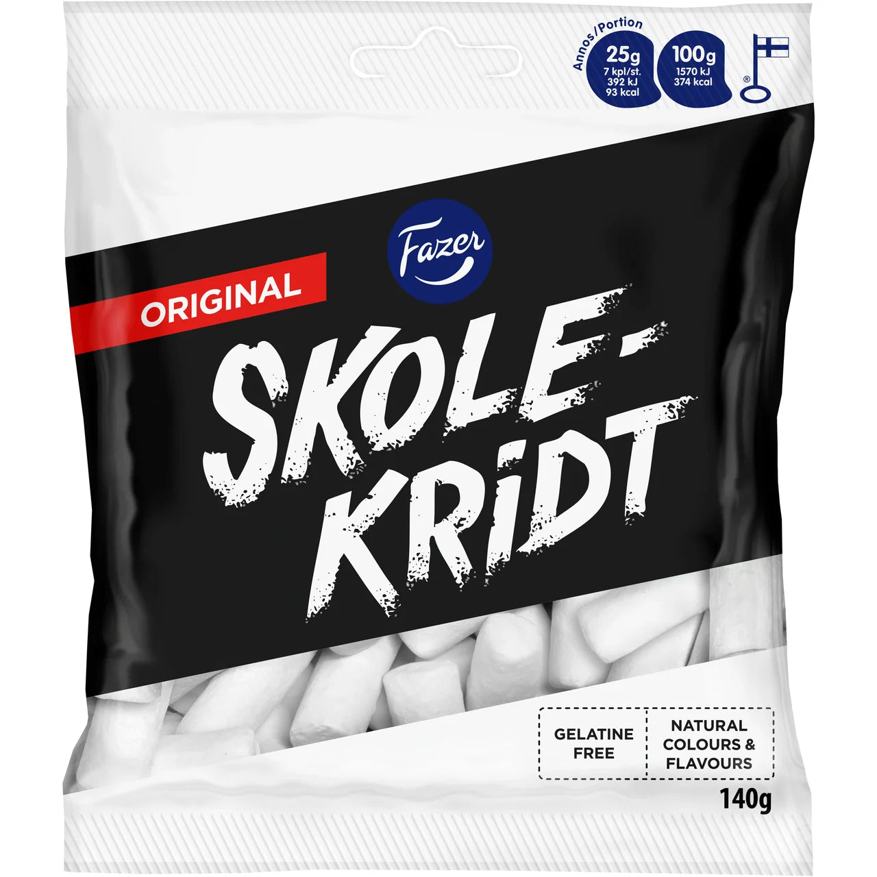 Fazer Skolkritor Original 140g – Nordic white chalk-shaped licorice candy in black bag, gelatine free, natural colours & flavours, made by Fazer, included in the Swedish Licorice Taste Box Large

