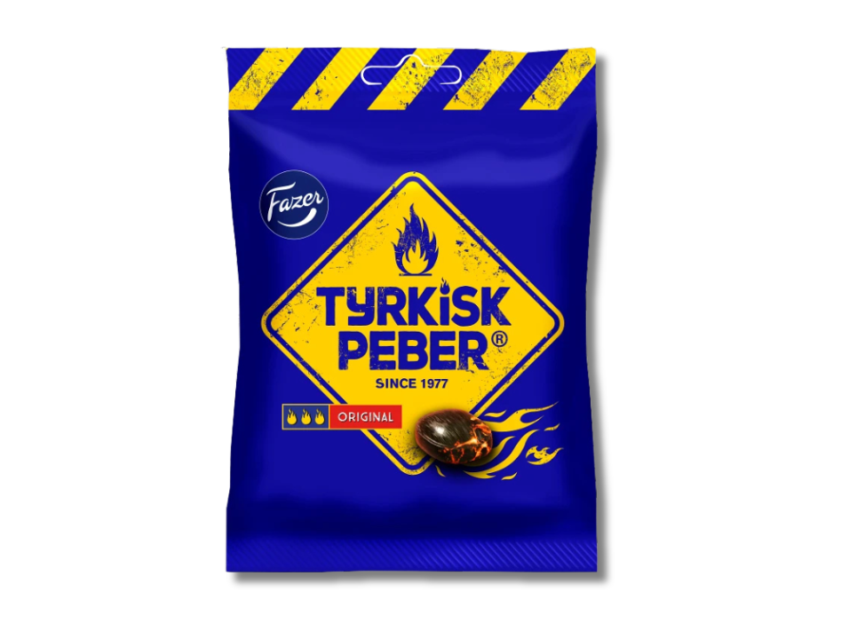 Fazer Tyrkisk Peber Original 150g – Nordic hard salmiak candy with intensely salty licorice center in blue bag with yellow warning stripes, since 1977, included in the Swedish Licorice Taste Box Medium
