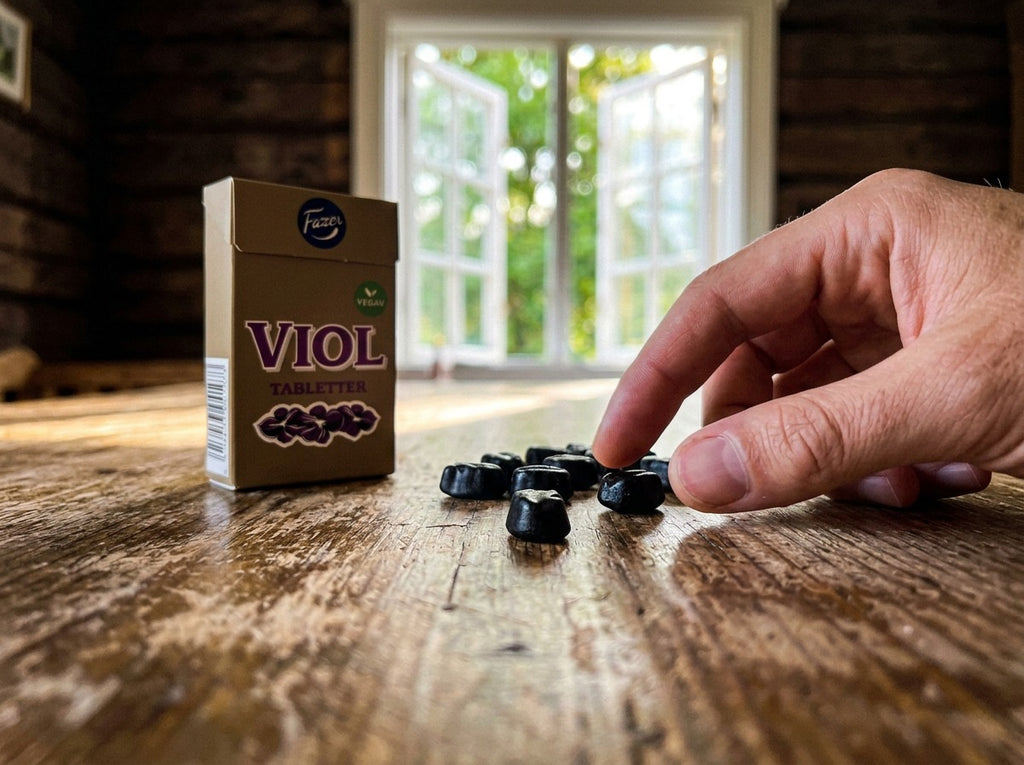 Fazer Viol Tablettask 38g gold-brown box on a rustic wooden table with dark purple violet pastilles scattered beside it, hand picking one up, summer window with green trees in background
