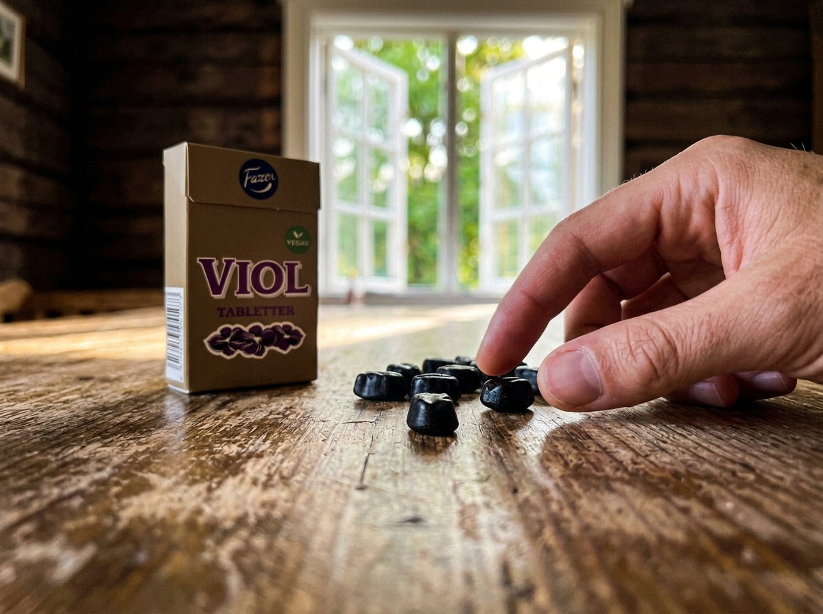 Fazer Viol Tablettask 38g gold-brown box on a rustic wooden table with dark purple violet pastilles scattered beside it, hand picking one up, summer window with green trees in background
