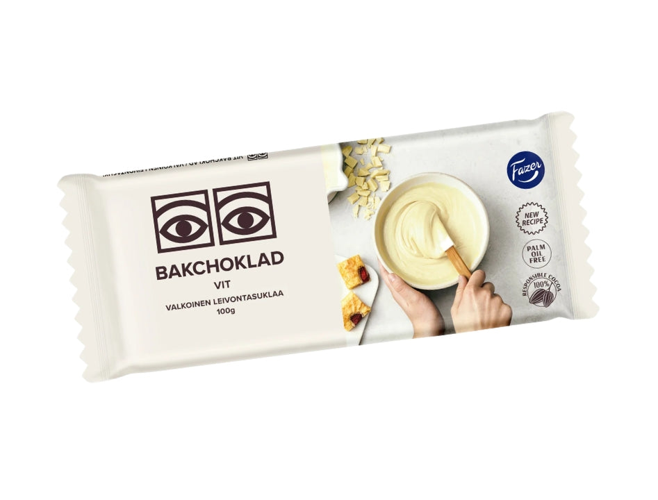 Fazer Ögon Bakchoklad Vit 100g – Swedish white baking chocolate bar with iconic eye logo, palm oil free, 100% responsibly sourced cocoa, made by Fazer
