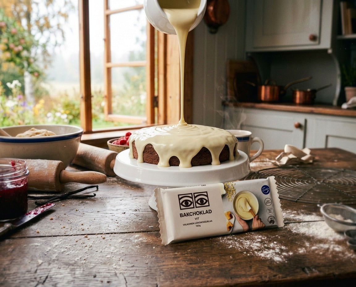Fazer Ögon Bakchoklad Vit 100g package on a rustic wooden kitchen table with melted white chocolate being poured over a cake, raspberries and baking ingredients in the background
