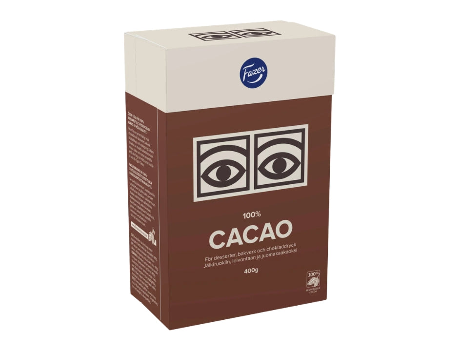Fazer Ögon Cacao 400g box – classic Swedish unsweetened cocoa powder with iconic eye logo, 100% cacao, made by Fazer
