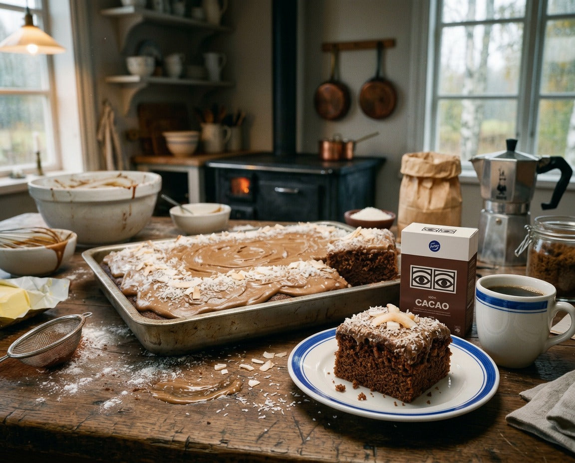 Fazer Ögon Cacao 400g box on a rustic wooden kitchen table next to a freshly baked Swedish kärleksmums chocolate cake with coconut topping and a cup of coffee

