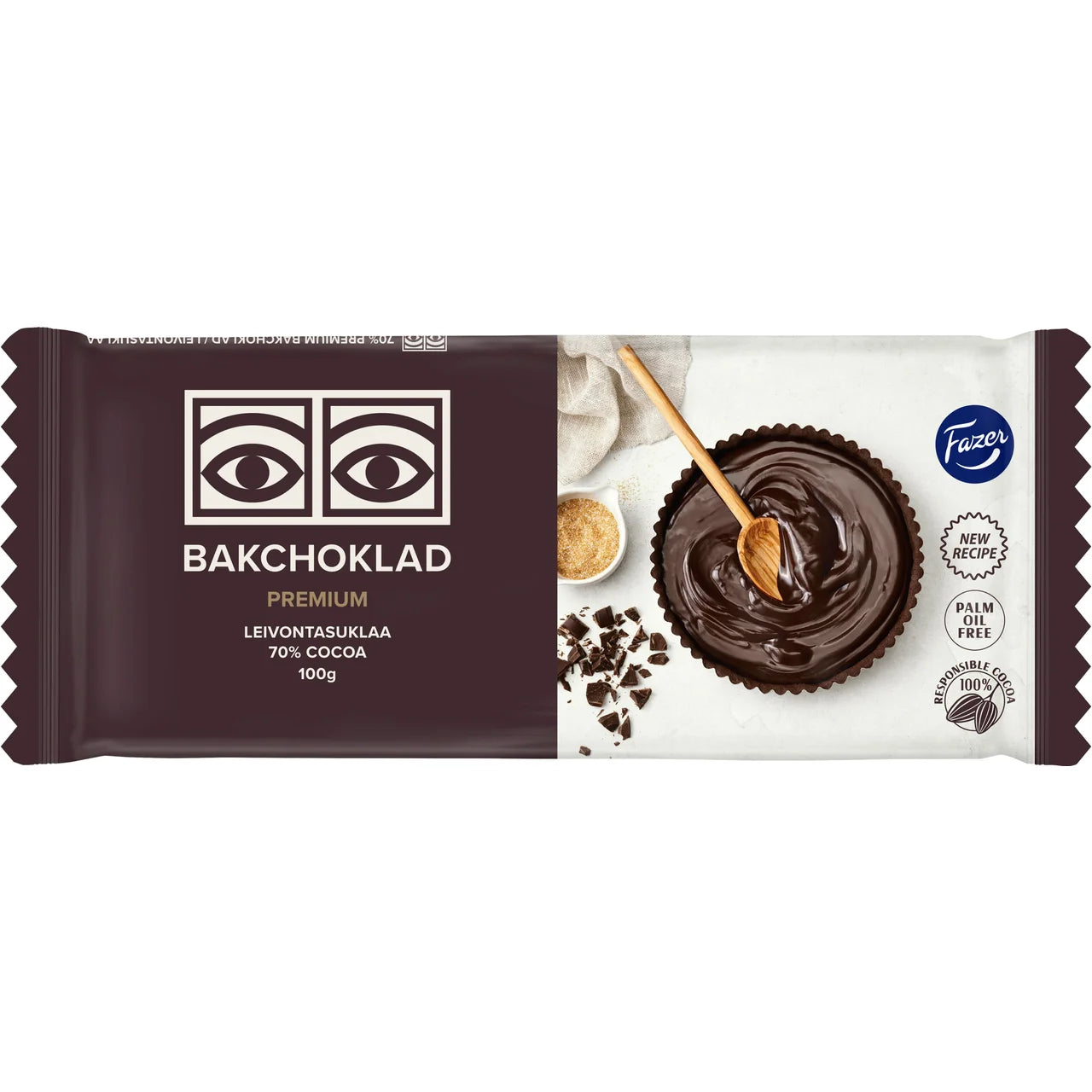 Fazer Ögon Premium Bakchoklad 70% Cocoa 100g – Swedish dark baking chocolate bar with iconic eye logo, palm oil free, 100% responsibly sourced cocoa, made by Fazer
