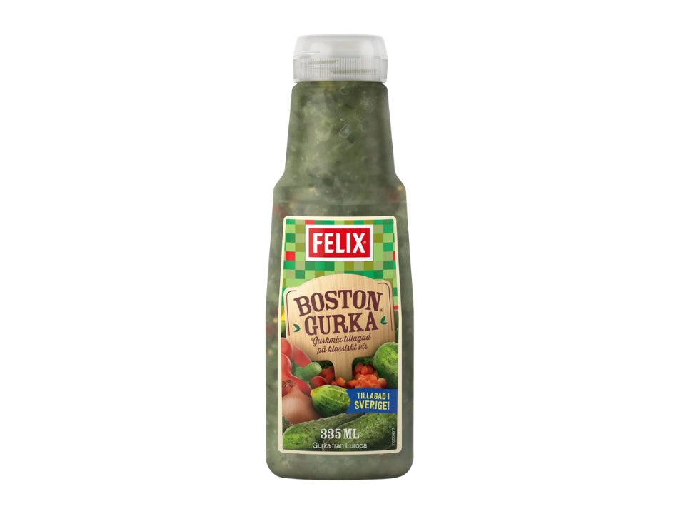 Felix Bostongurka 335ml – Swedish Pickle Relish with Cucumber, Onion, Red Pepper and Mustard Seeds
