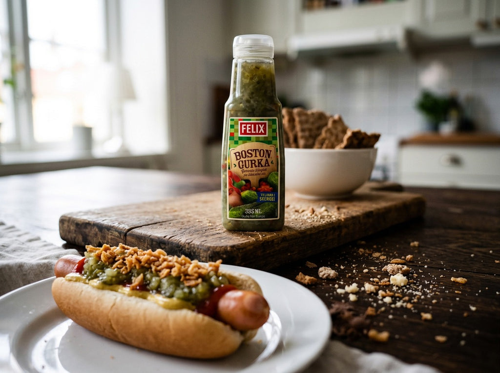 Felix Bostongurka 335ml – Swedish Pickle Relish with Cucumber, Onion, Red Pepper and Mustard Seeds in kitchen