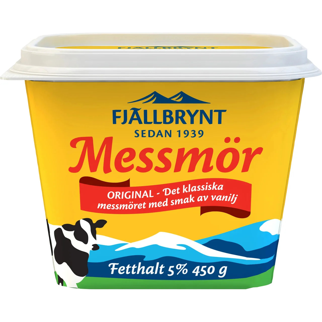 Fjällbrynt Messmör Original 5% 450g – classic Swedish sweet whey spread with vanilla flavor in tub, established 1939, included in the Swedish Breakfast Box Large
