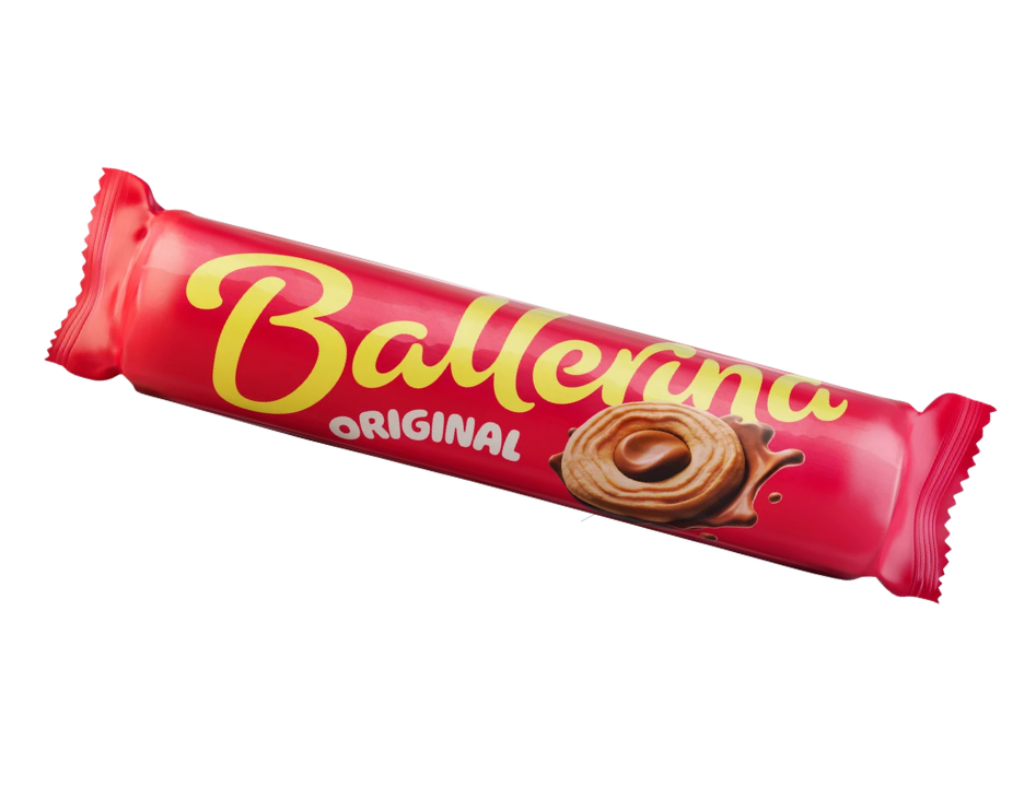 Göteborgs Kex Ballerina Original 205g – red foil roll with Ballerina lettering in yellow, nougat-filled sandwich cookie illustration, classic Swedish cookie since 1971
