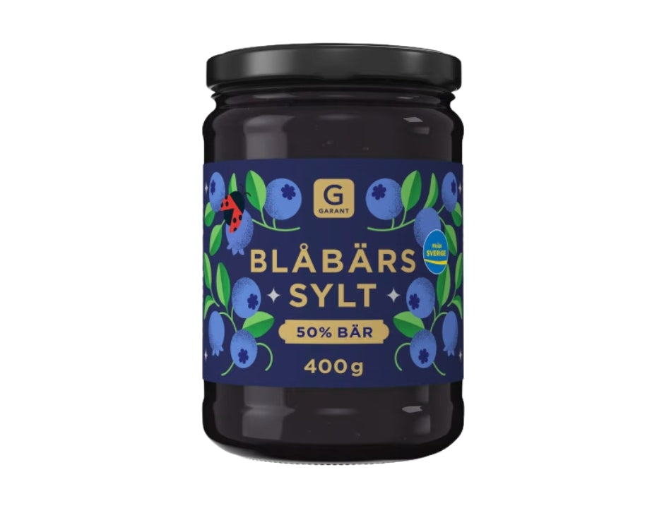 Garant Blåbärssylt 50% Bär 400g – Swedish Blueberry Jam, jar of authentic Swedish blueberry jam with 50% blueberries
