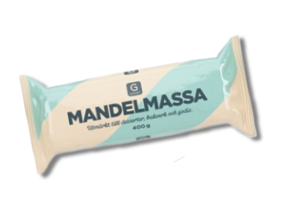 Garant Mandelmassa 400g – Swedish almond paste in teal and cream packaging, 400g block for semlor, pastries and almond cakes, made by Garant
